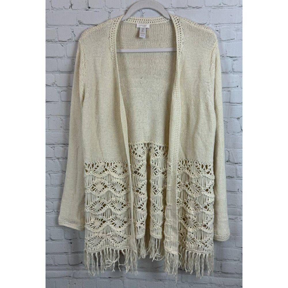 CHICO'S ivory cotton blend knit lace fringe open front cardigan sweater size 2 L